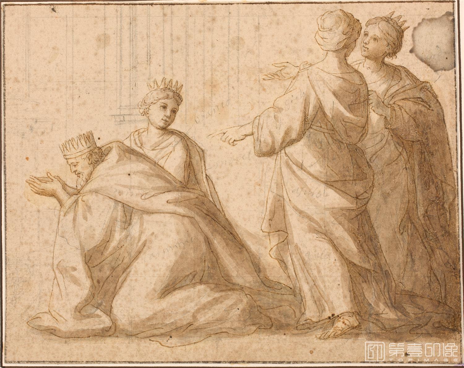 素描-西班牙普拉多美术馆素描藏画-Viani, Giovanni Maria-Tres figuras femeninas acompanan a un rey-1835